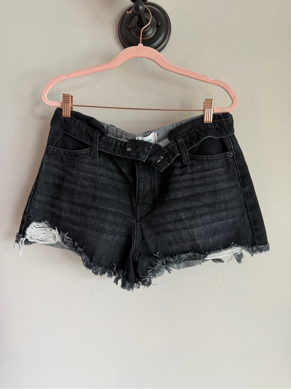 BDG Black Distressed Denim Crossover Waist Shorts Frayed Hem Womens 28